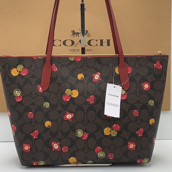 NWT COACH Zip Top Tote In Signature Canvas With Ornament Print Brown /Black Mult - Picture 5 of 16